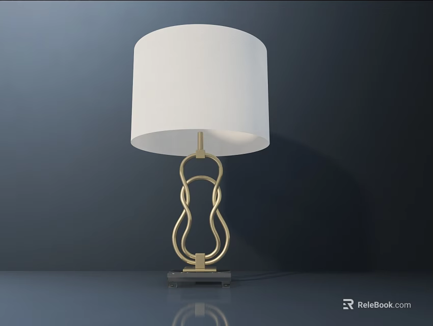 Modern Table Lamp With White Lampshade And Golden Geometric Stand On Dark Surface 3d model 