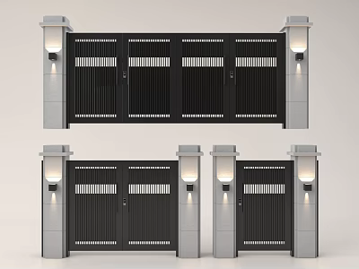 Modern Black Gate Design With Stone Pillars And Decorative Lights 3d model