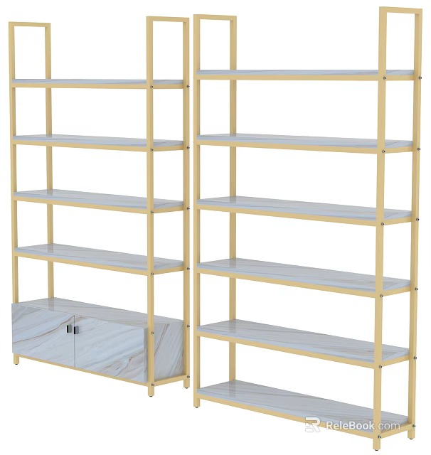 Elegant Gold Frame Display Shelves with Multiple Tiers and Marble Cabinet Doors 3d model 