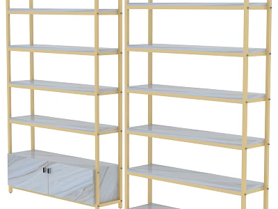 Elegant Gold Frame Display Shelves with Multiple Tiers and Marble Cabinet Doors 3d model