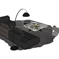 Modern Black Leather Sofa Coffee Table Set With Marble Top Floor Lamp And Accent Chair On Rug