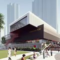 Tall modern buildings surrounding urban park with green spaces circular pathways and central structure