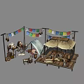 Cartoon Scene of Rustic Wooden House With Market Stalls And Fresh Fruits Vegetables