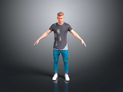 Man in Gray T-shirt Blue Jeans White Sneakers with Arms Outstretched against Gray Gradient 3d model