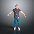 Man in Gray T-shirt Blue Jeans White Sneakers with Arms Outstretched against Gray Gradient