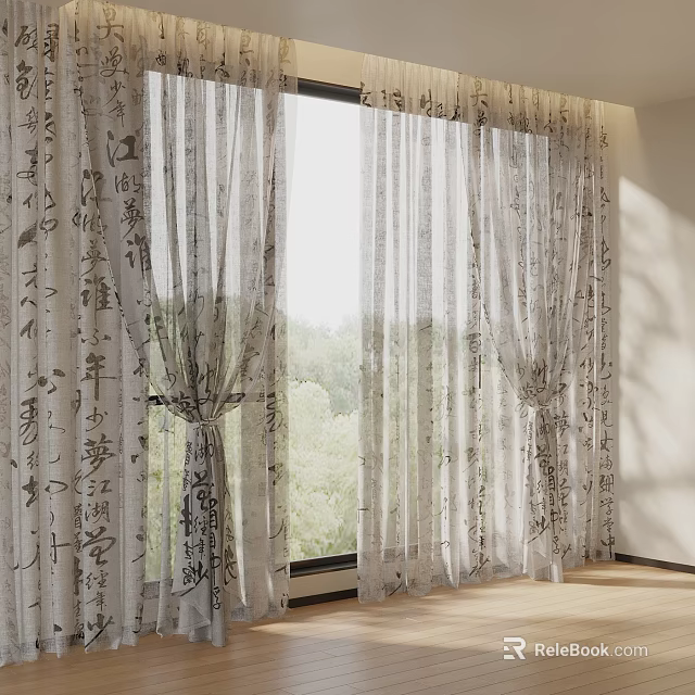 Sheer Curtains With Chinese Calligraphy Characters By Window And Green View Outside 3d model 
