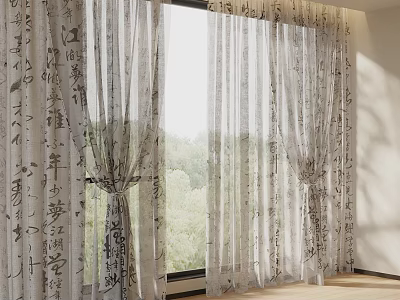 Sheer Curtains With Chinese Calligraphy Characters By Window And Green View Outside 3d model