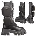 Black Leather Combat Boots With Lace Up Platform Soles And Buckles