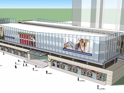 Modern Commercial Complex Exterior With Glass Facade Large Billboard And Pedestrians 3d model