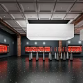 Elegant Exhibition Hall Interior Featuring Red Display Cases Central Stand And Wooden Ceiling