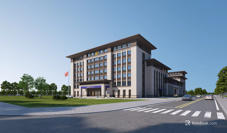 Modern Office Building Exterior With Light Colored Facade Lawn Trees And Road 3d model 