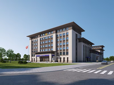 Modern Office Building Exterior With Light Colored Facade Lawn Trees And Road 3d model