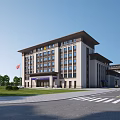 Modern Office Building Exterior With Light Colored Facade Lawn Trees And Road