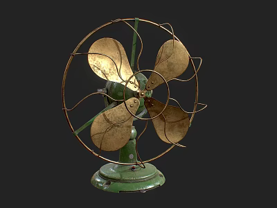 Vintage Electric Fan With Brass Blades Green Base And Metal Cage Design 3d model