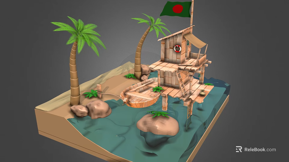 Rustic Wooden Stilt House with Palm Trees and Bangladeshi Flag by Sandy Beach Water 3d model 