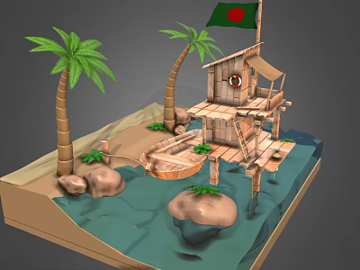 Rustic Wooden Stilt House with Palm Trees and Bangladeshi Flag by Sandy Beach Water 3d model