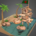 Rustic Wooden Stilt House with Palm Trees and Bangladeshi Flag by Sandy Beach Water