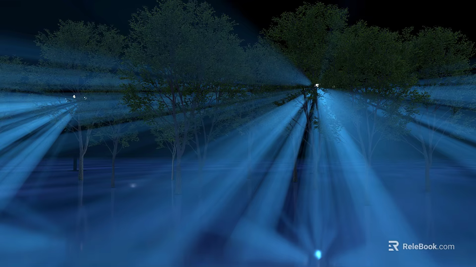 Shimmering Night Forest With Blue Light Rays And Water Reflection 3d model 