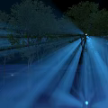 Shimmering Night Forest With Blue Light Rays And Water Reflection 3d model