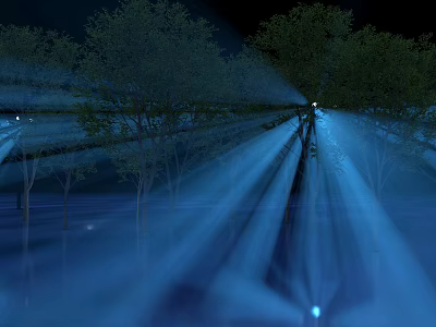 Shimmering Night Forest With Blue Light Rays And Water Reflection 3d model