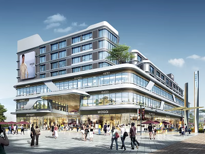 Vibrant Commercial Street With Modern Multi Storey Buildings Glass Curtain Walls Greenery And Pedestrians 3d model