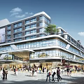 Vibrant Commercial Street With Modern Multi Storey Buildings Glass Curtain Walls Greenery And Pedestrians
