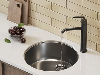 Stainless Steel Kitchen Sink With Black Faucet Wooden Cutting Board And Cherries 3d model