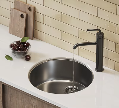 Stainless Steel Kitchen Sink With Black Faucet Wooden Cutting Board And Cherries 3d model