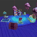 Cartoon Scene With Blue Wooden Floor Pink Cloud Decorations Star Ornaments And Cute Characters