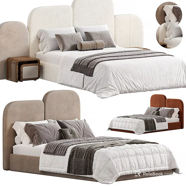 Modern Double Bed With Upholstered Headboard Multiple Pillows And Bed Sheets Design 3d model 