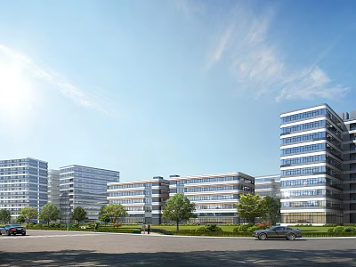 Modern Office Buildings In City With Greenery Roads And Cars 3d model