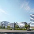 Modern Office Buildings In City With Greenery Roads And Cars