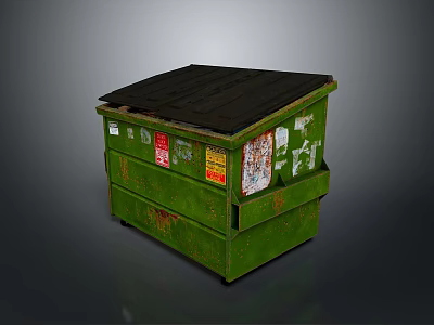 Rusty Green Waste Bin As Essential Household Item With Black Lid And Stickers 3d model