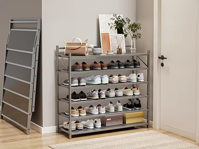 Gray Metal Multi Tier Shoe Rack With Shoes Handbag Decor And Plants 3d model