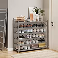 Gray Metal Multi Tier Shoe Rack With Shoes Handbag Decor And Plants