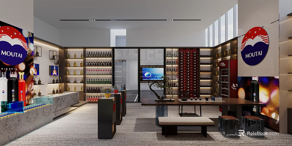 Modern Tobacco and Liquor Store Interior with Shelves Wine Displays TV Screen and Seating Area 3d model 
