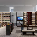 Modern Tobacco and Liquor Store Interior with Shelves Wine Displays TV Screen and Seating Area