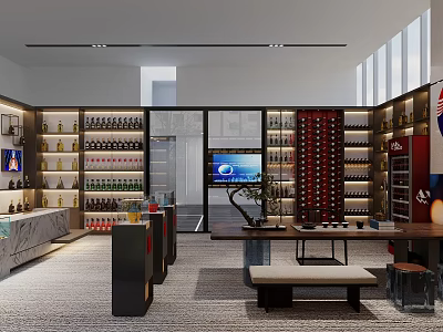 Modern Tobacco and Liquor Store Interior with Shelves Wine Displays TV Screen and Seating Area 3d model