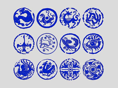 Traditional Blue and White Circular Patterns with Animal and Geometric Designs 3d model