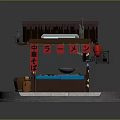 Traditional Style Food Cart With Black Roof Red Green Lanterns And Cooking Stove