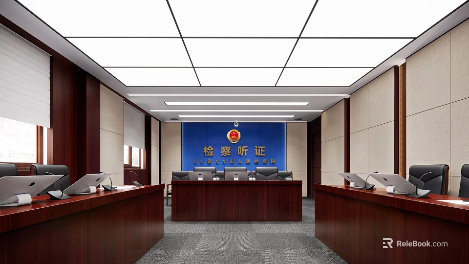 Formal Court Procuratorate Hearing Interior with Wooden Desks Blue Background and Emblem 3d model 