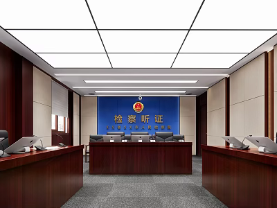 Formal Court Procuratorate Hearing Interior with Wooden Desks Blue Background and Emblem 3d model