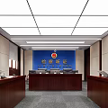 Formal Court Procuratorate Hearing Interior with Wooden Desks Blue Background and Emblem