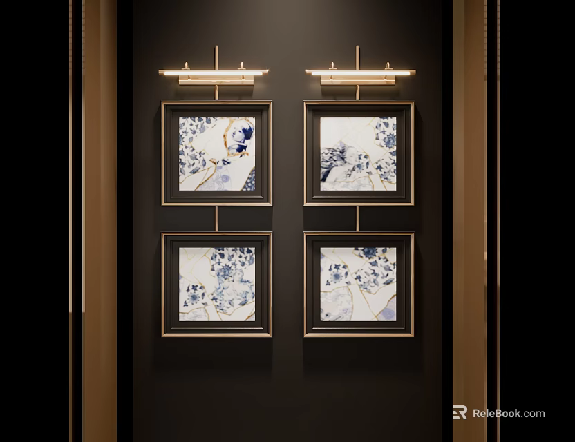 Four Abstract Paintings With Golden Frames And Blue White Patterns Hanging On Dark Wall 3d model 