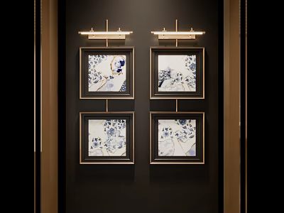 Four Abstract Paintings With Golden Frames And Blue White Patterns Hanging On Dark Wall 3d model