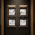 Four Abstract Paintings With Golden Frames And Blue White Patterns Hanging On Dark Wall