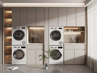 Modern Bathroom Cabinet Frame Design With Built in Washing Machines Storage And Countertops 3d model