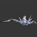 White and Blue Mecha Character With Green Core Long Blades and Mechanical Armor Design