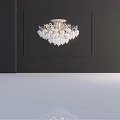 Elegant Chandelier With White Crystal Shades And Ornate Silver Metal Frame