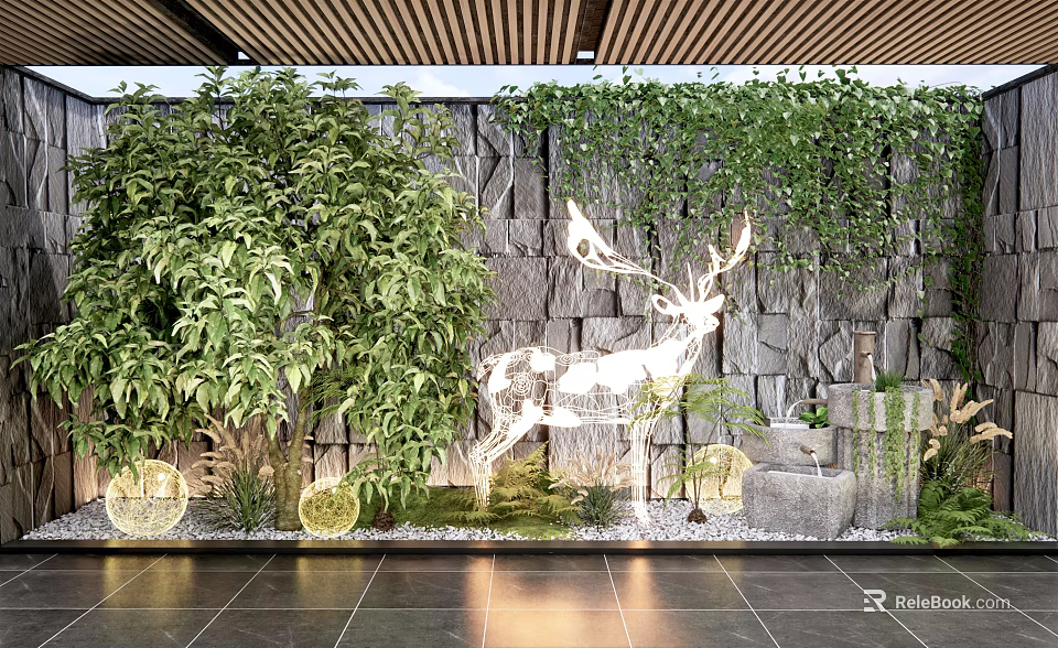 Modern Indoor Landscape Interior With Green Plant Wall Stone And Deer Light Decoration 3d model 
